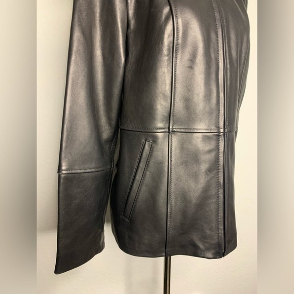 WORTHINGTON Genuine Lambskin Leather Black Zip-Up Jacket Oversized Faux Fur Hood - Picture 5 of 9